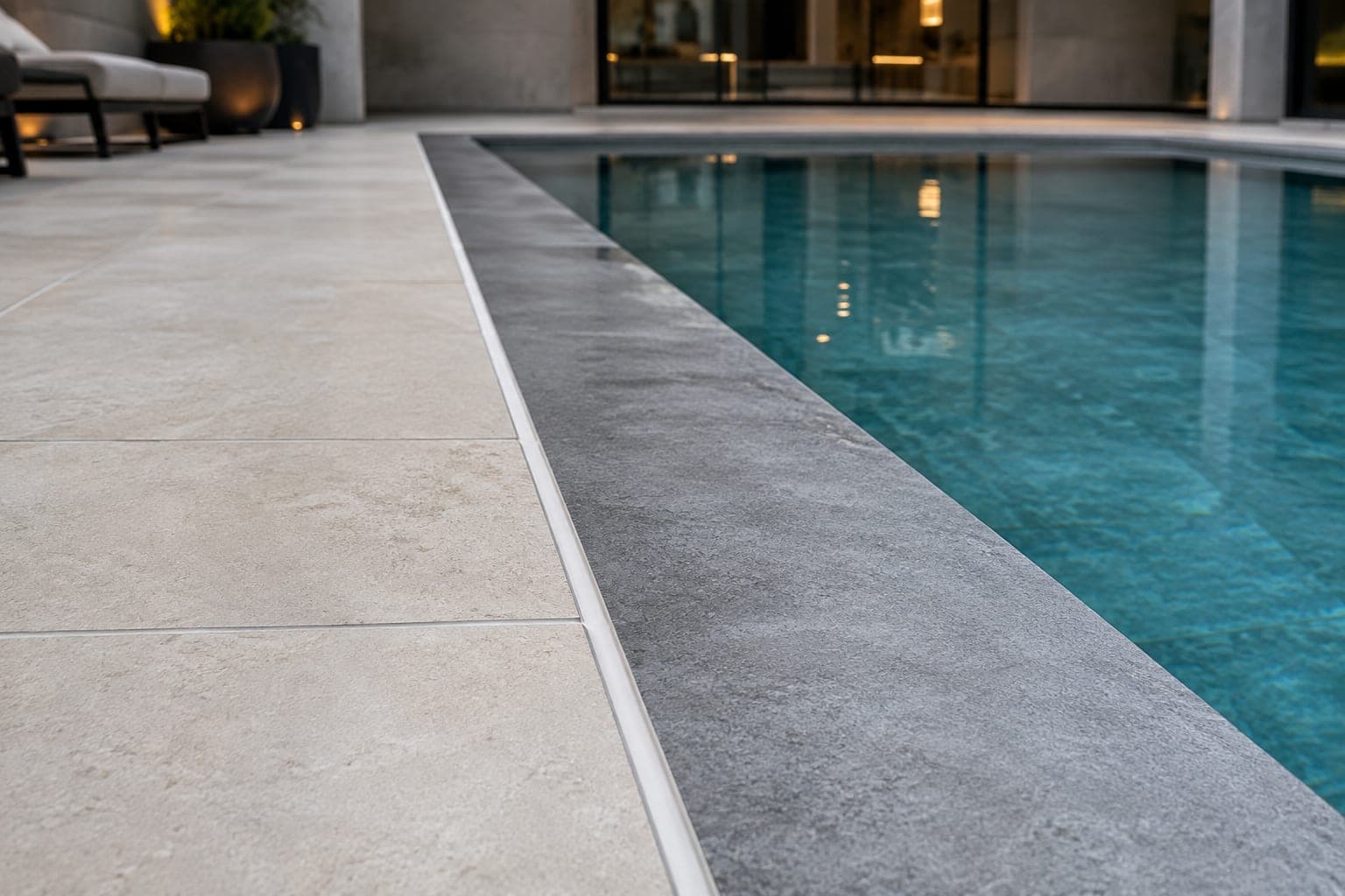 Zwembadrand van dichtbij: lichte terrastegels, daarnaast een grijze natuurstenen randstrook met een smalle lichte voeg ertussen, en helder turquoise water. Op de achtergrond een verlicht huis met glazen puien.