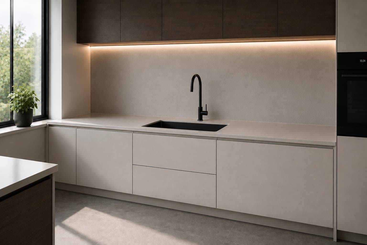 Strakke lichte keuken met een zwarte kraan en spoelbak, een doorlopende spatwand langs het aanrechtblad en donkere bovenkasten.