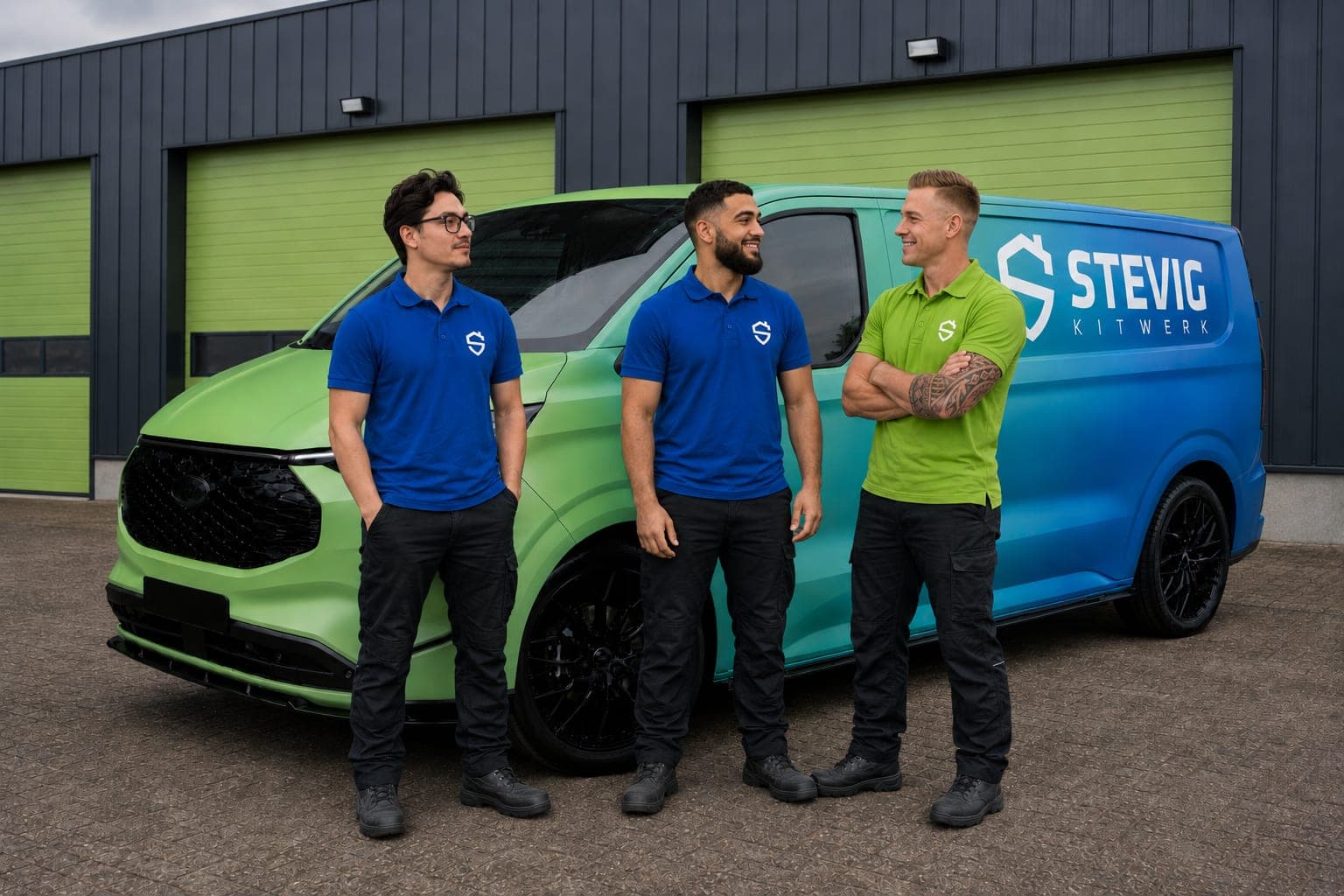 Drie mannen in polo's met het logo van Stevig Kitwerk staan bij een bestelbus met belettering in het groen-blauwe merkverloop, voor een bedrijfspand met groene overheaddeuren.