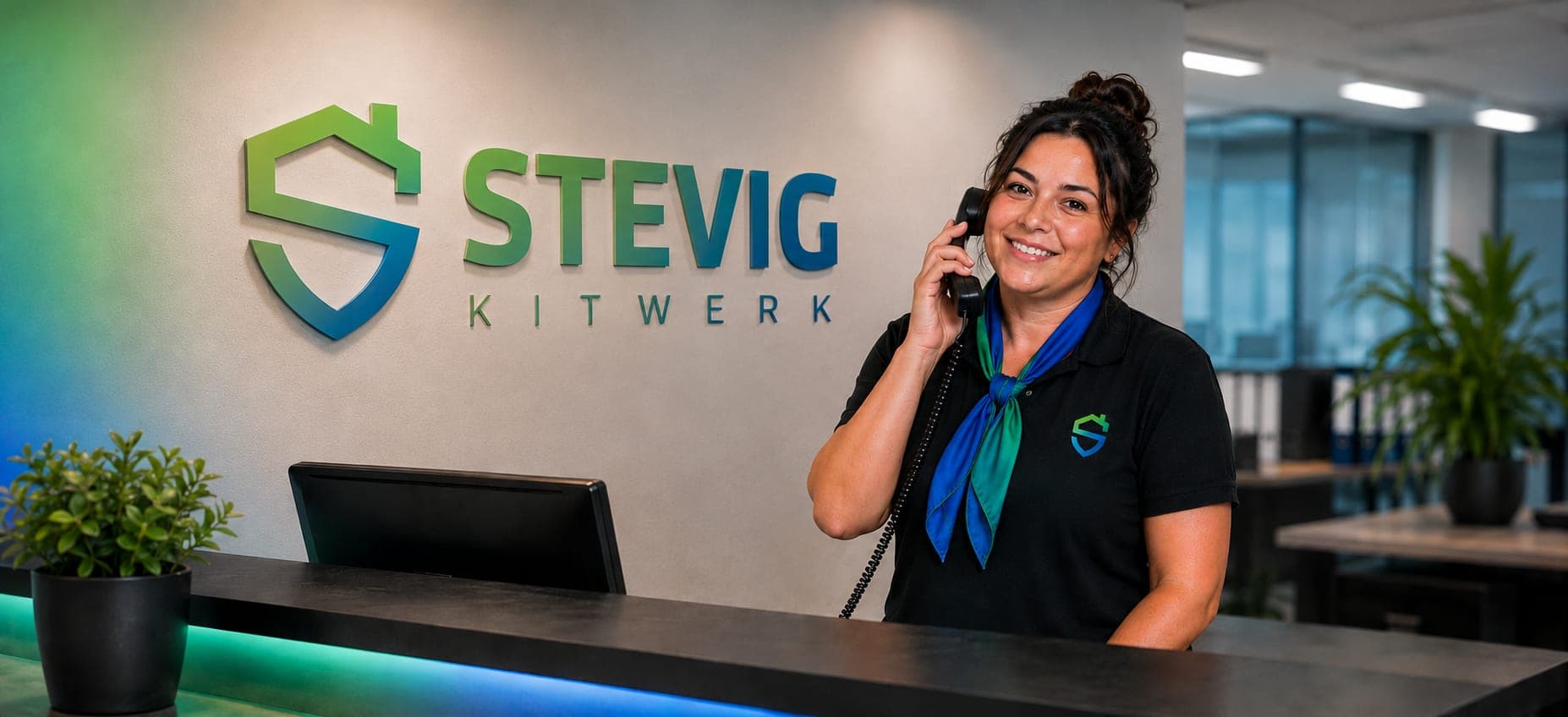 Balie met het logo van Stevig Kitwerk op de wand erachter, en iemand met een telefoon aan het oor.