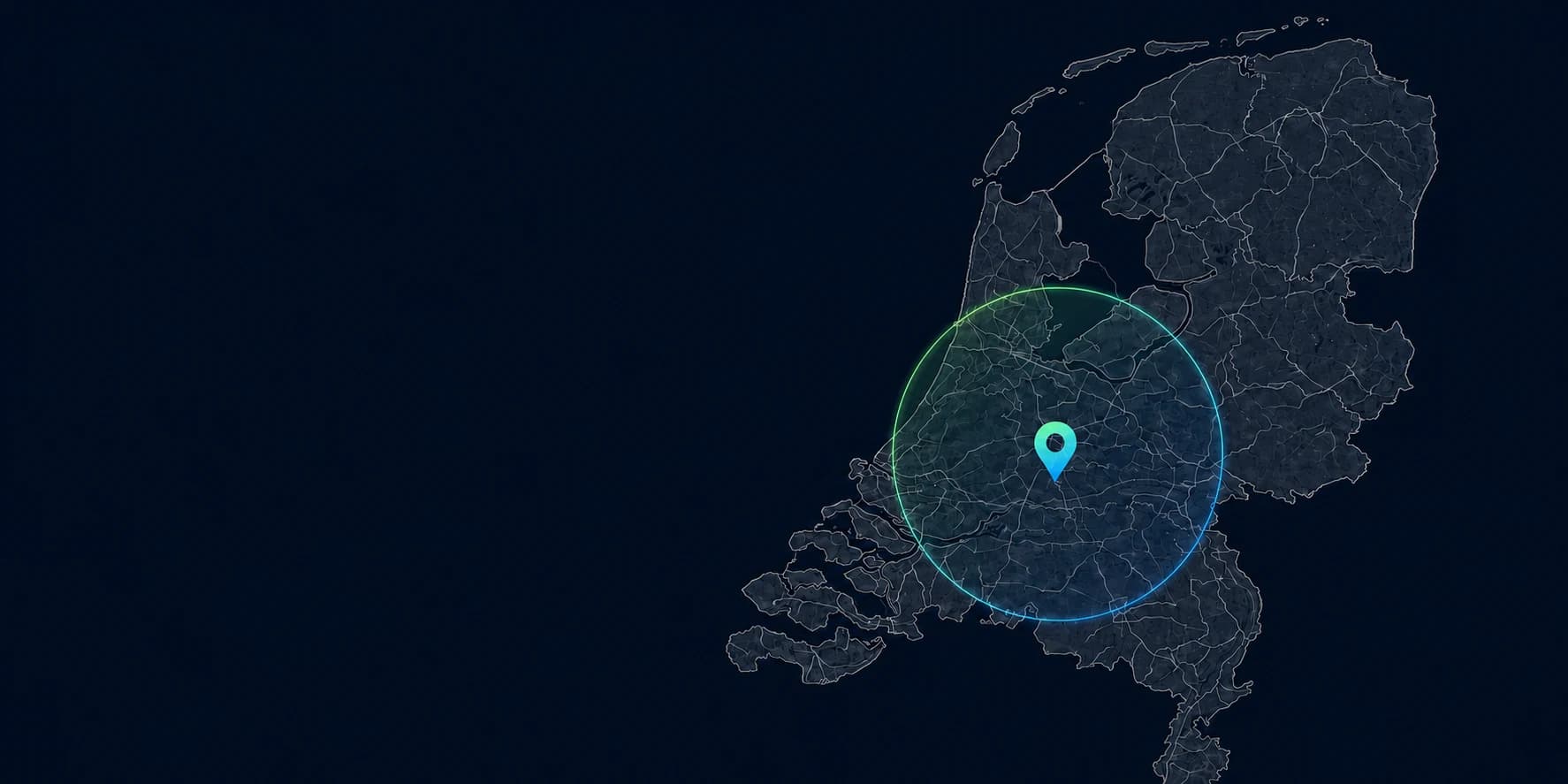 Kaart van Nederland met een cirkel rond Utrecht en een speld in het midden, die het gebied aangeeft waarbinnen we bij particulieren thuis komen.