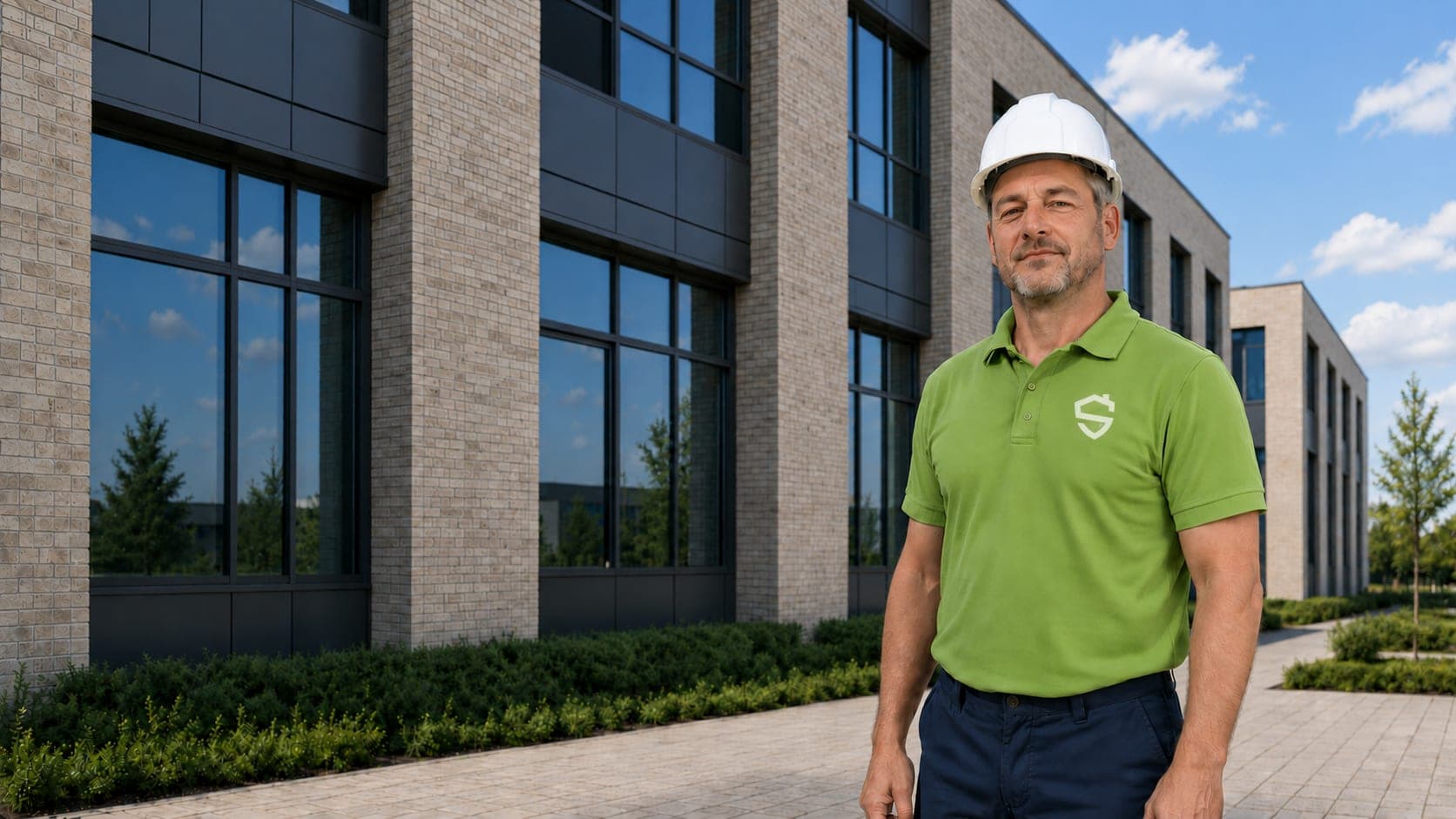 Man met een witte bouwhelm en een groen poloshirt met het logo van Stevig Kitwerk, staand op een bestrate looppad voor een modern kantoorgebouw van baksteen met donkere kozijnen.