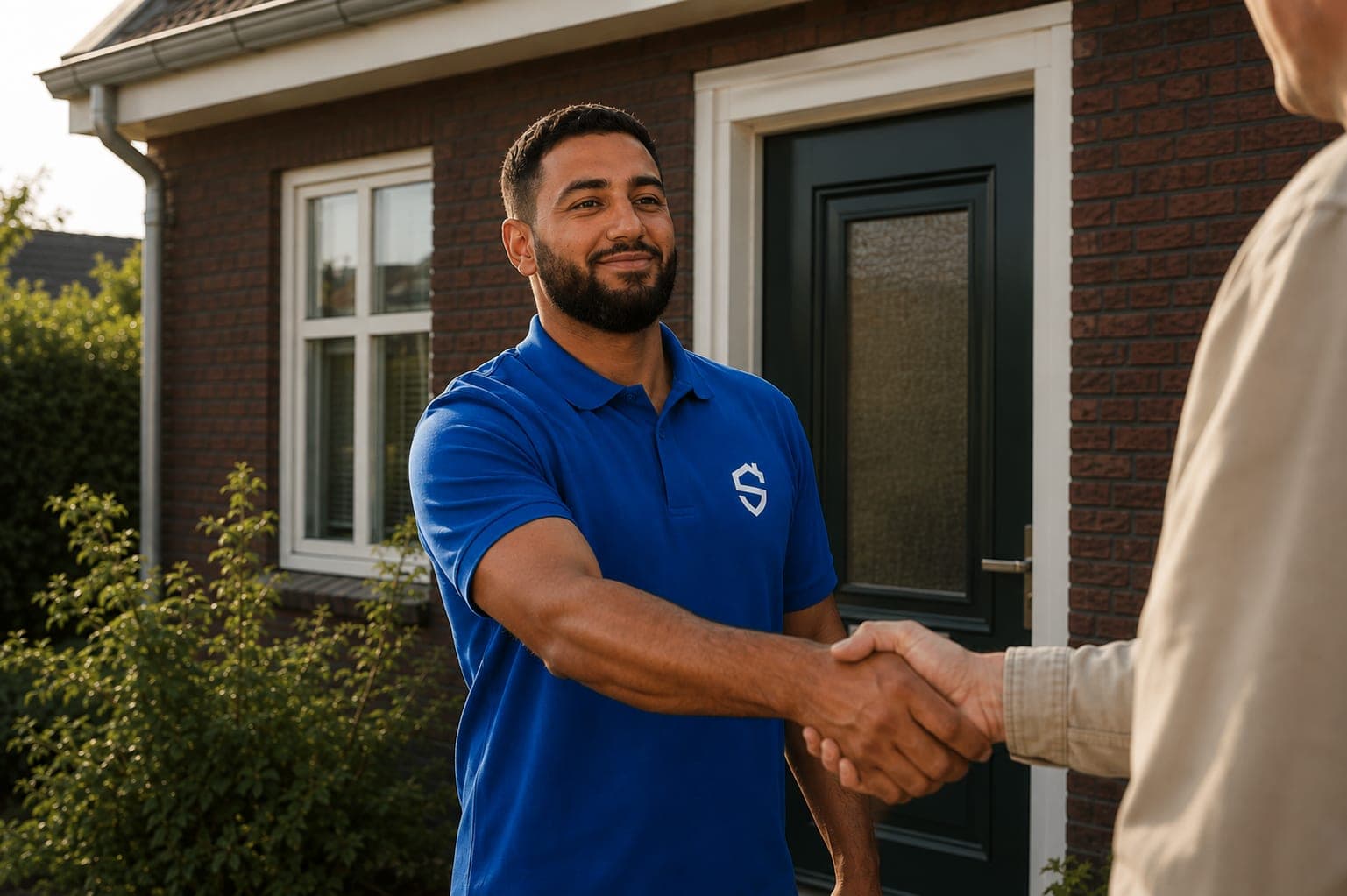 Man met baard in een blauwe bedrijfspolo met het logo van Stevig Kitwerk geeft iemand een hand voor de voordeur van een woning.
