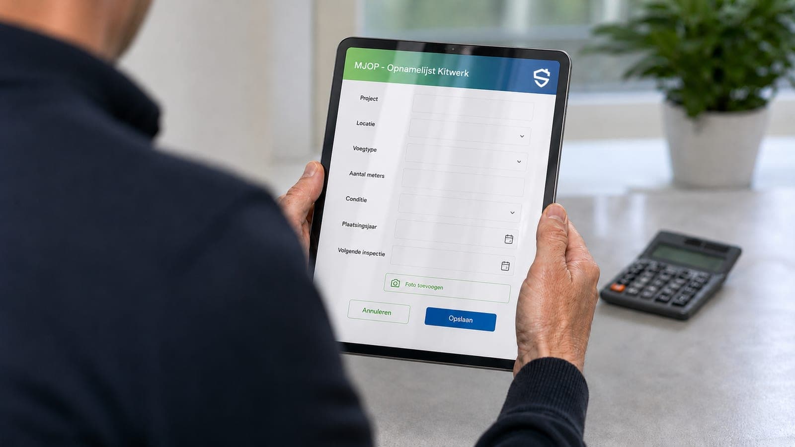 Illustratie: een man houdt een tablet vast met daarop een invulformulier met de kop MJOP - Opnamelijst Kitwerk en het logo van Stevig Kitwerk. Op de tafel erachter staan een plant en een rekenmachine.