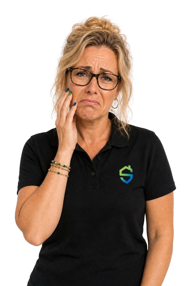 Dezelfde vrouw in een zwarte bedrijfspolo met het logo van Stevig Kitwerk, met een hand bij haar gezicht en een bedenkelijke blik.