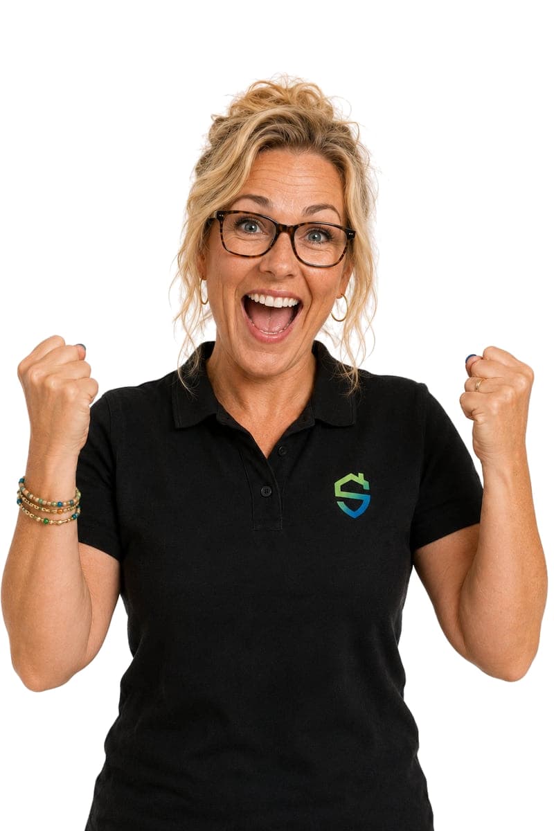 Vrouw met bril en blond opgestoken haar in een zwarte bedrijfspolo met het logo van Stevig Kitwerk, beide vuisten omhoog en lachend.