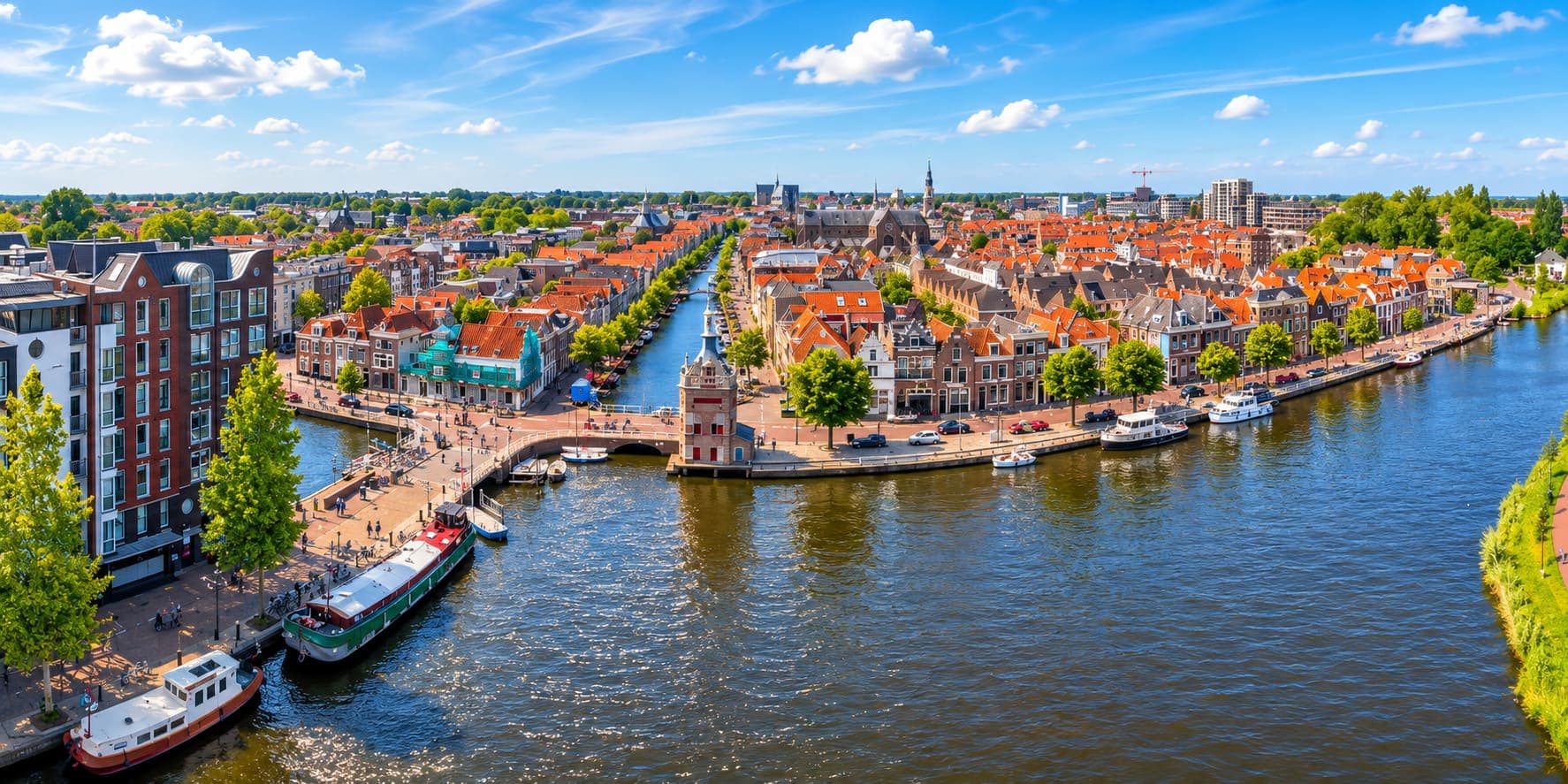 Uitzicht over een stad aan het water, met woonboten langs de kade, oranje pannendaken en een torentje bij de monding van een gracht.