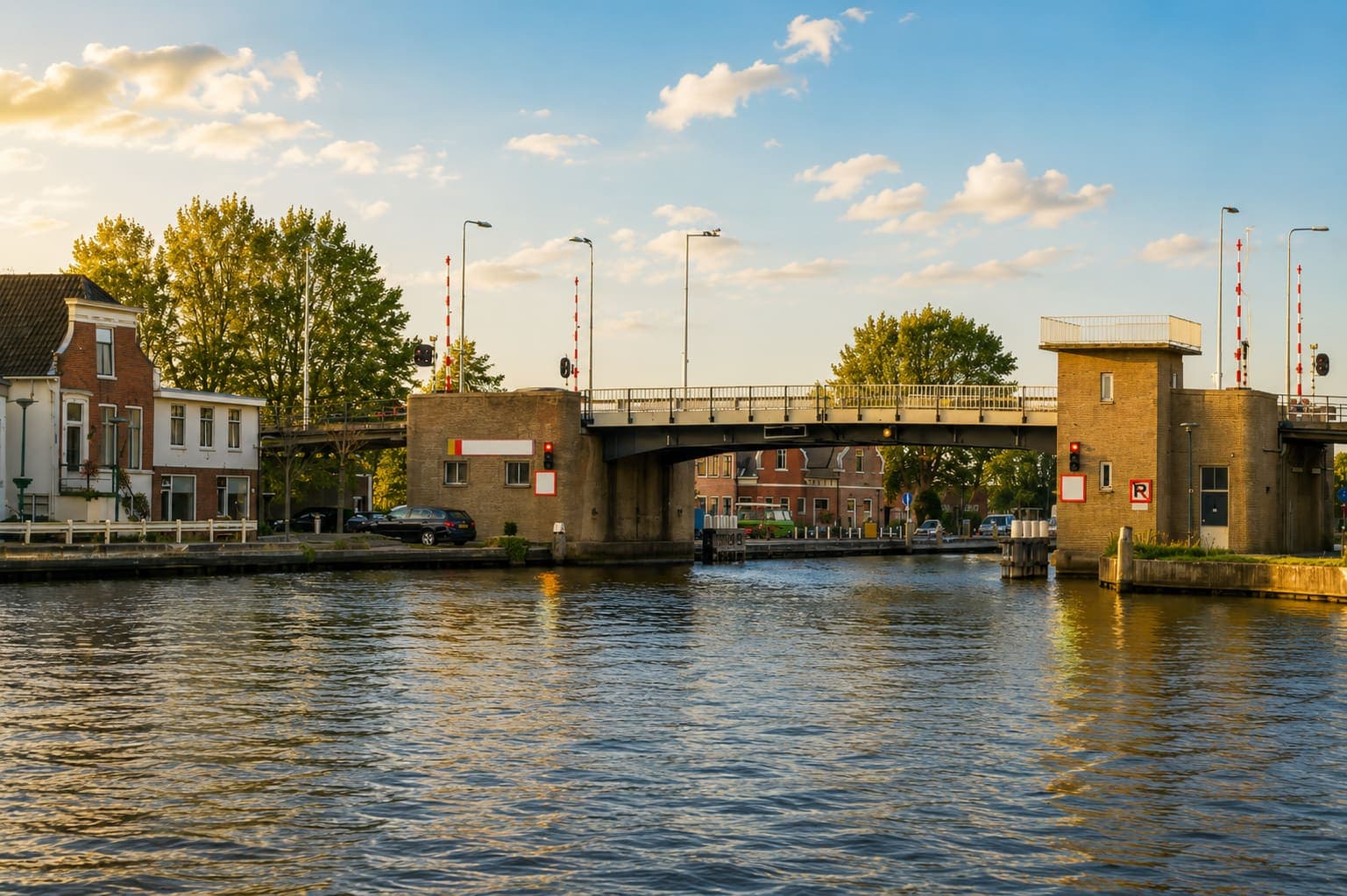 Betonnen basculebrug over een rivier in avondlicht, met woonhuizen langs de oever.