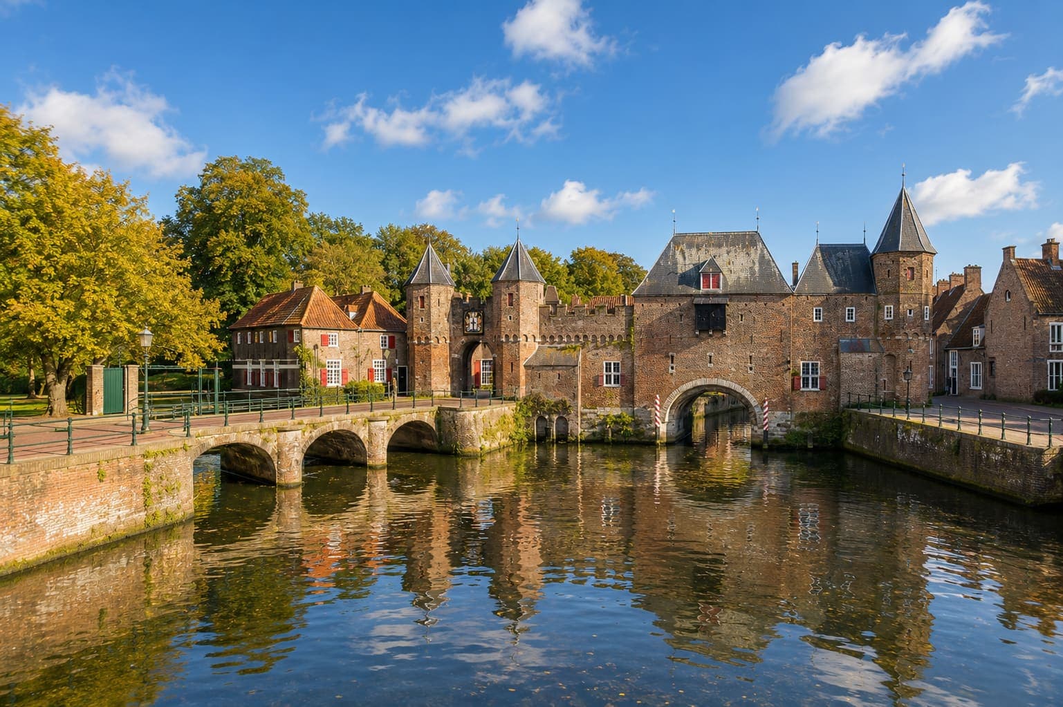 De Koppelpoort in Amersfoort: een middeleeuwse poort van baksteen over het water, met een gemetselde brug ernaast.