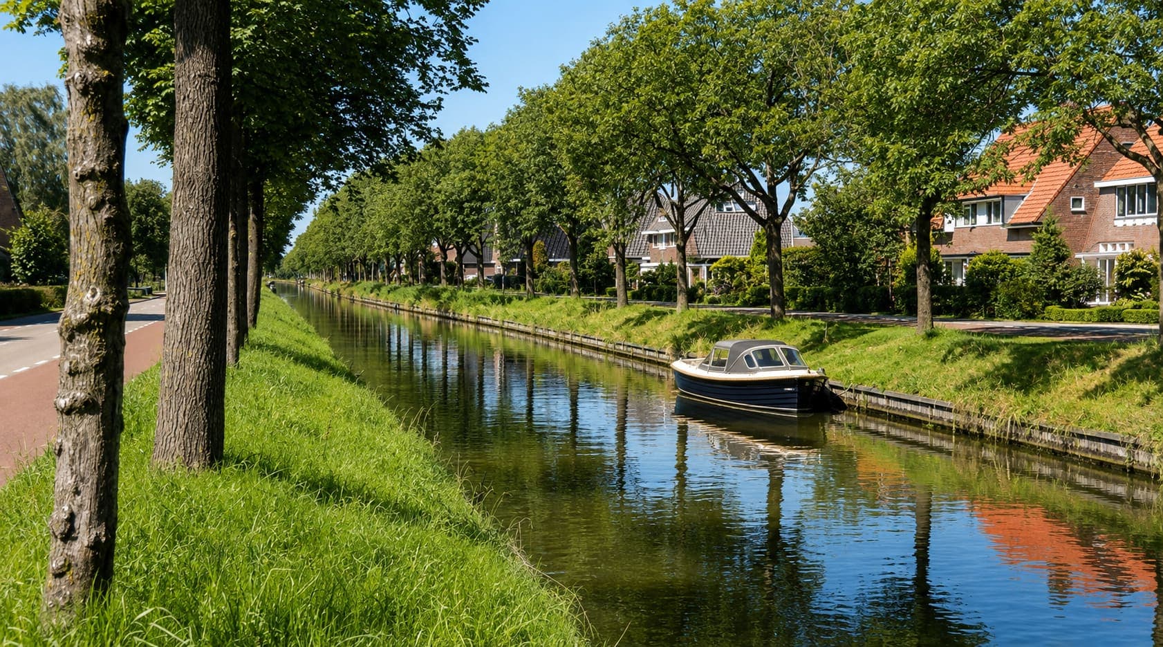 Smalle vaart met een afgemeerde sloep, aan weerszijden grasbermen en een rij hoge bomen, met rechts woningen met rode pannendaken achter het groen.