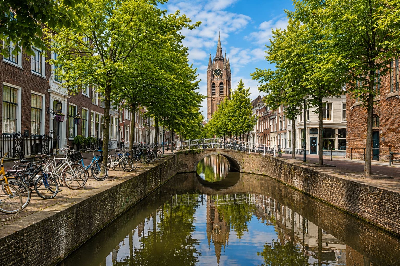 Gracht met een gemetselde boogbrug en fietsen langs de kade, met daarachter de scheve toren van de Oude Kerk in Delft.