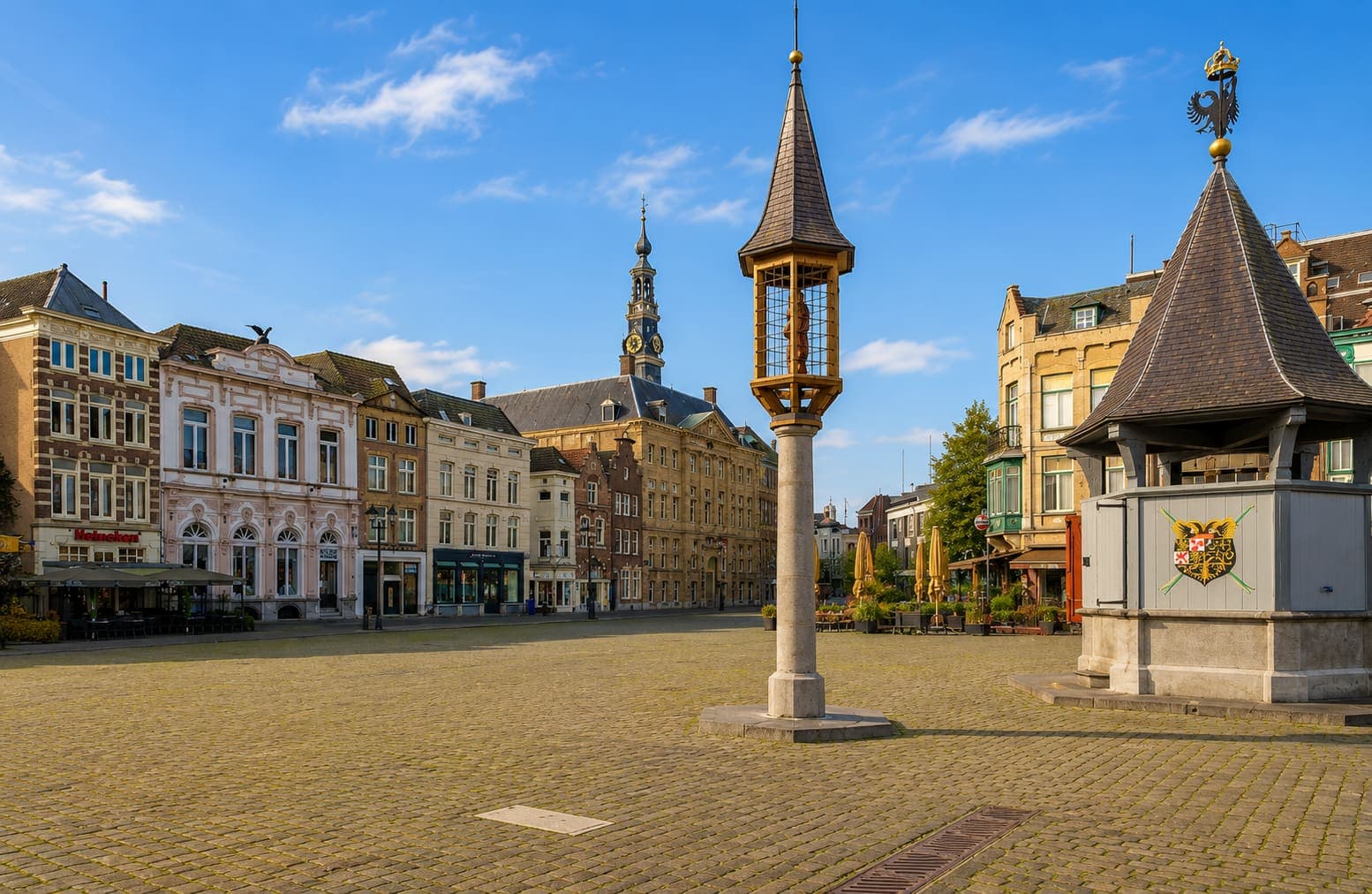 Bestrate markt met een rij historische gevels, een klokkentoren erachter en een houten waterhuisje met wapenschild op de voorgrond.
