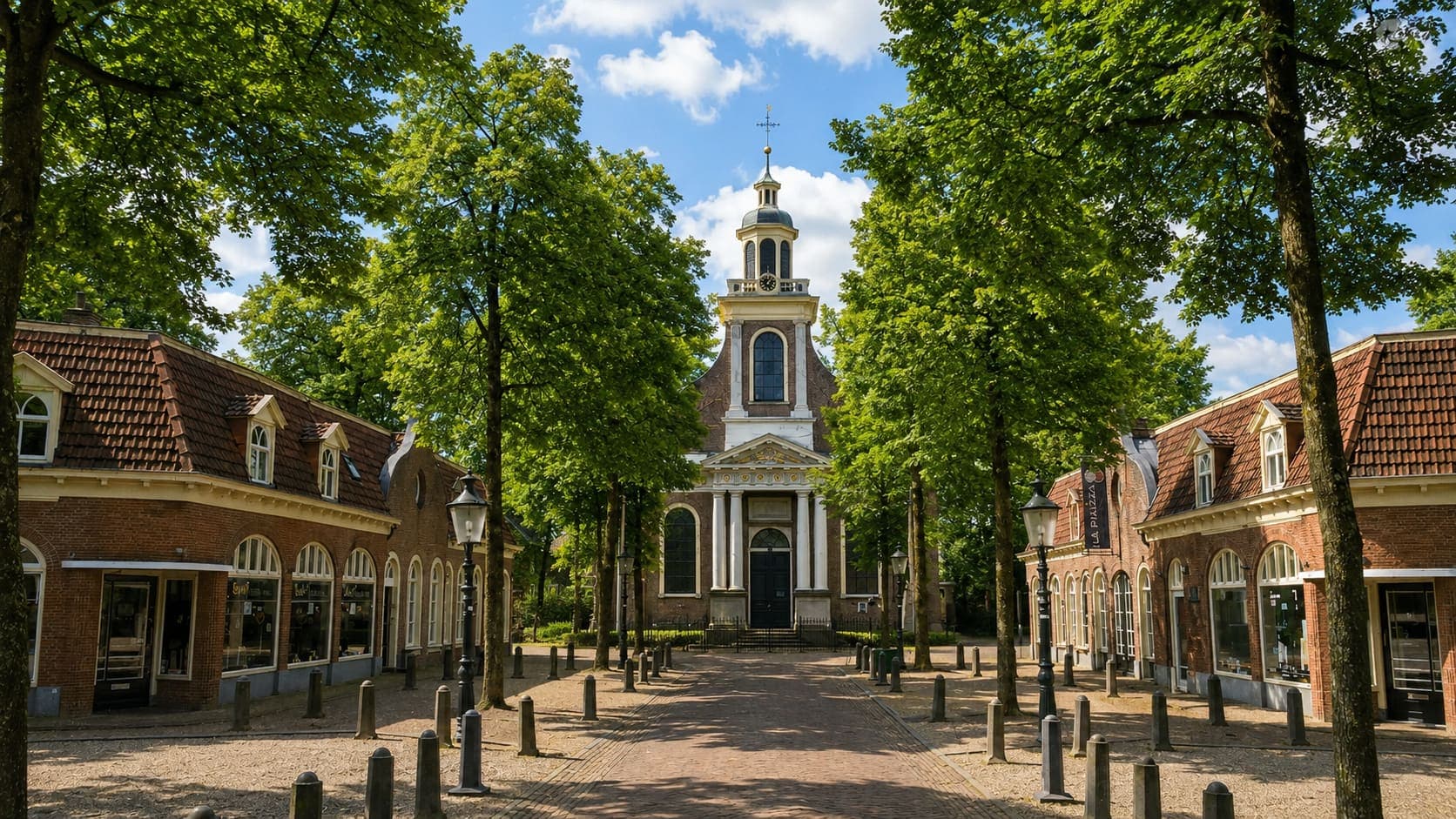 Kerk met een witte klokkentoren, een open lantaarn en een weerhaan, aan het eind van een geplaveid plein met dubbele rijen bomen en lantaarnpalen, geflankeerd door bakstenen panden met winkelpuien onder pannendaken.