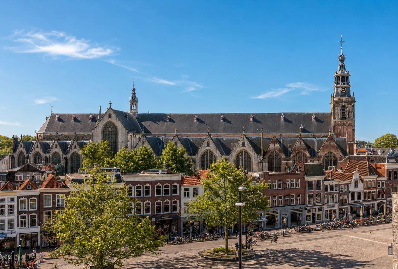 De Sint-Janskerk in Gouda gezien over de Markt, met op de voorgrond een rij winkelpanden met trap- en klokgevels.