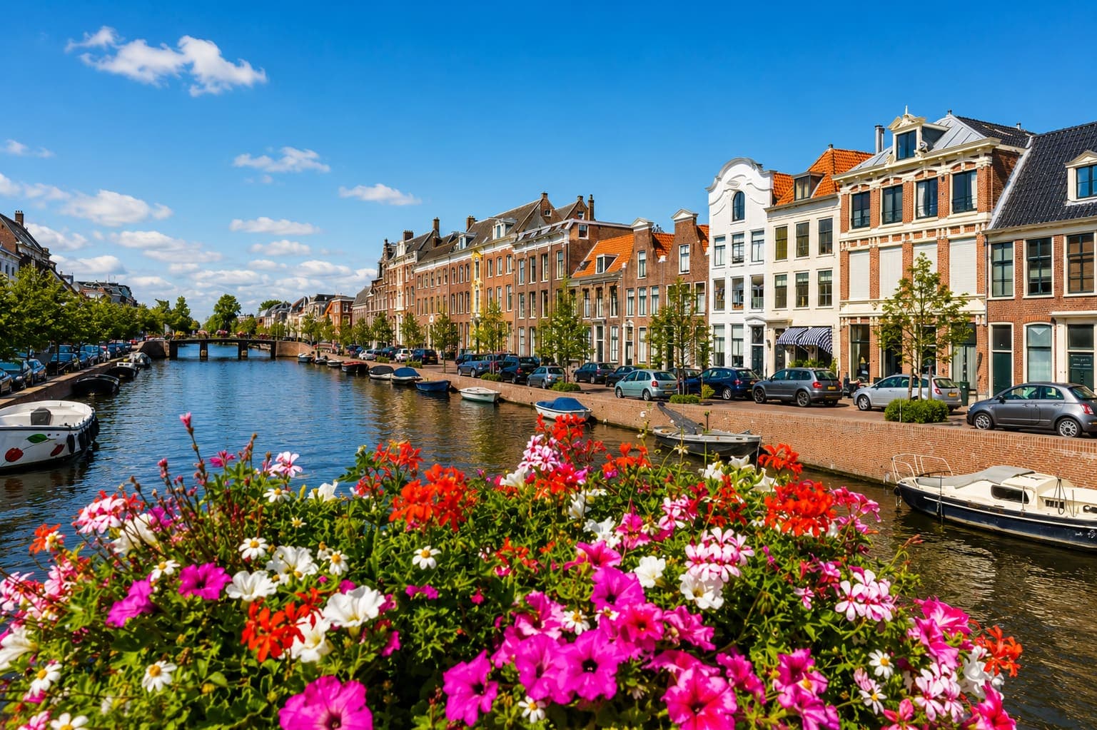 Gracht met een rij panden met trap- en klokgevels, aangemeerde bootjes langs de kade en bloeiende geraniums op de voorgrond.