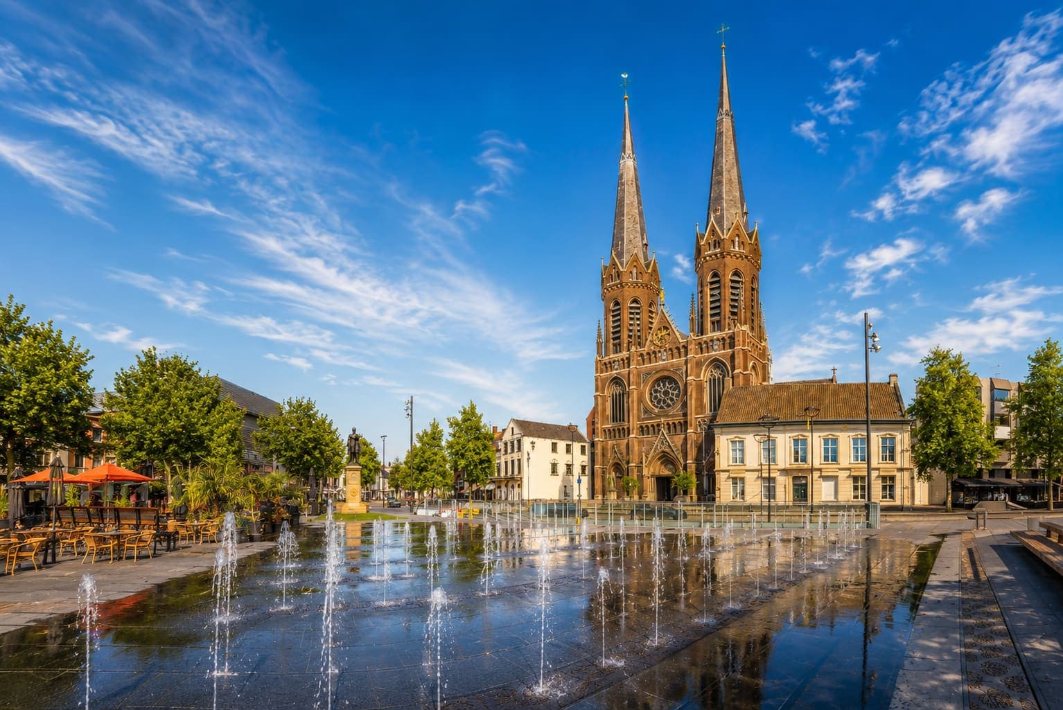Plein met waterfonteinen in het plaveisel, en daarachter een bakstenen kerk met twee hoge spitse torens.
