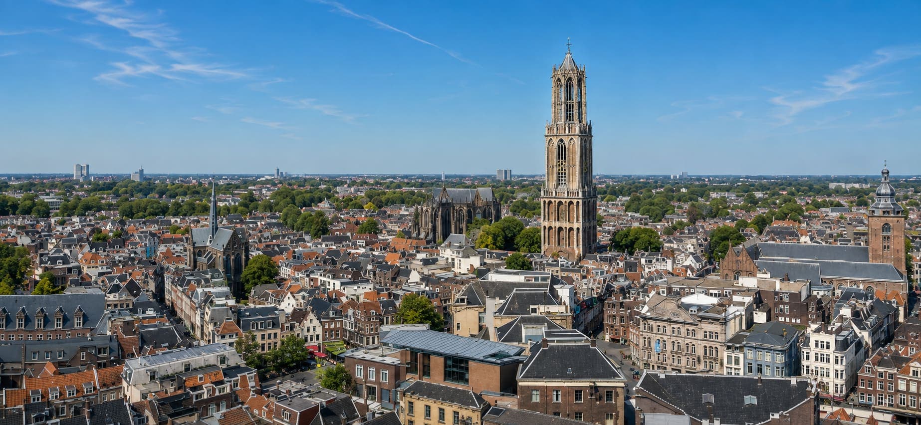 Uitzicht over de daken van de Utrechtse binnenstad, met de Domtoren en daarachter de Domkerk.
