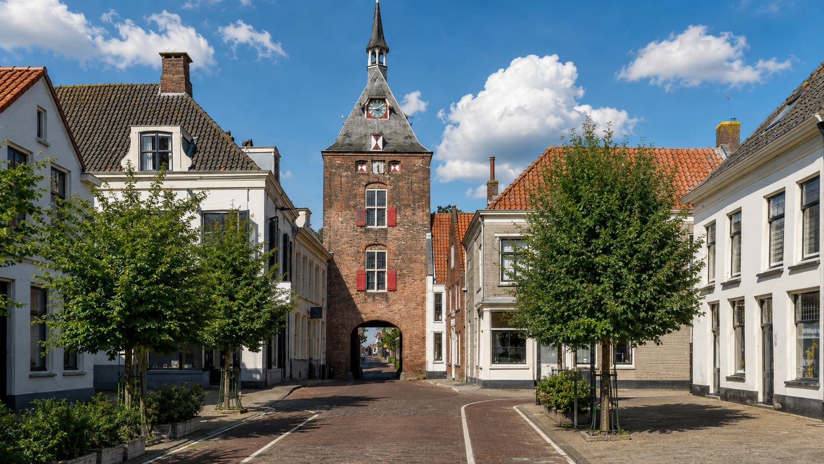 Bakstenen poorttoren met een leien spits, een klok en rode luiken, aan het eind van een geplaveide straat met witgepleisterde huizen en geknotte bomen aan weerszijden.