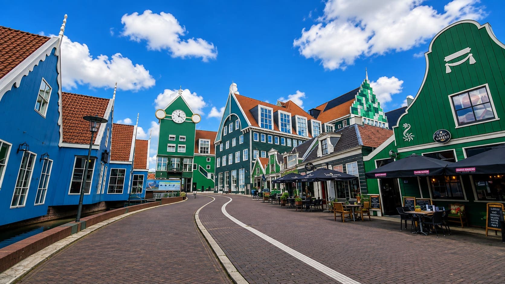 Straat met groen en blauw geschilderde houten gevels in Zaanse stijl, met terrassen en een klokgevel met torenuurwerk.