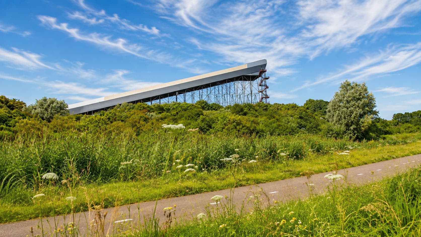 Lange overdekte helling op een stalen onderstel boven een begroeide heuvel, met een fietspad door het gras op de voorgrond.