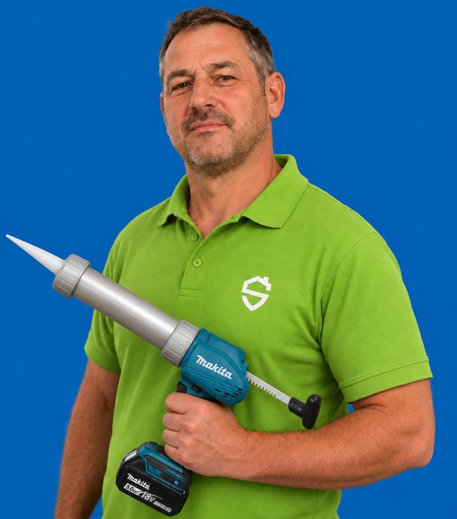 Man in een groene bedrijfspolo met een kitpistool in zijn arm, op een effen blauwe achtergrond.