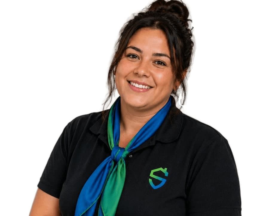 Vrouw met donker opgestoken haar in een zwarte bedrijfspolo met een groen-blauwe sjaal, op een effen witte achtergrond.
