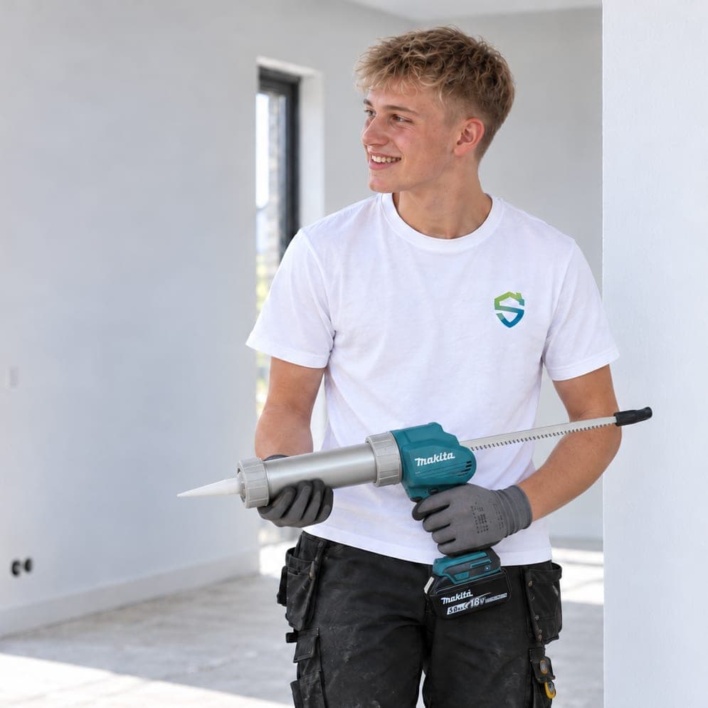 Jonge man in een wit T-shirt met het logo van Stevig Kitwerk houdt een kitpistool vast in een lege, pas opgeleverde ruimte.