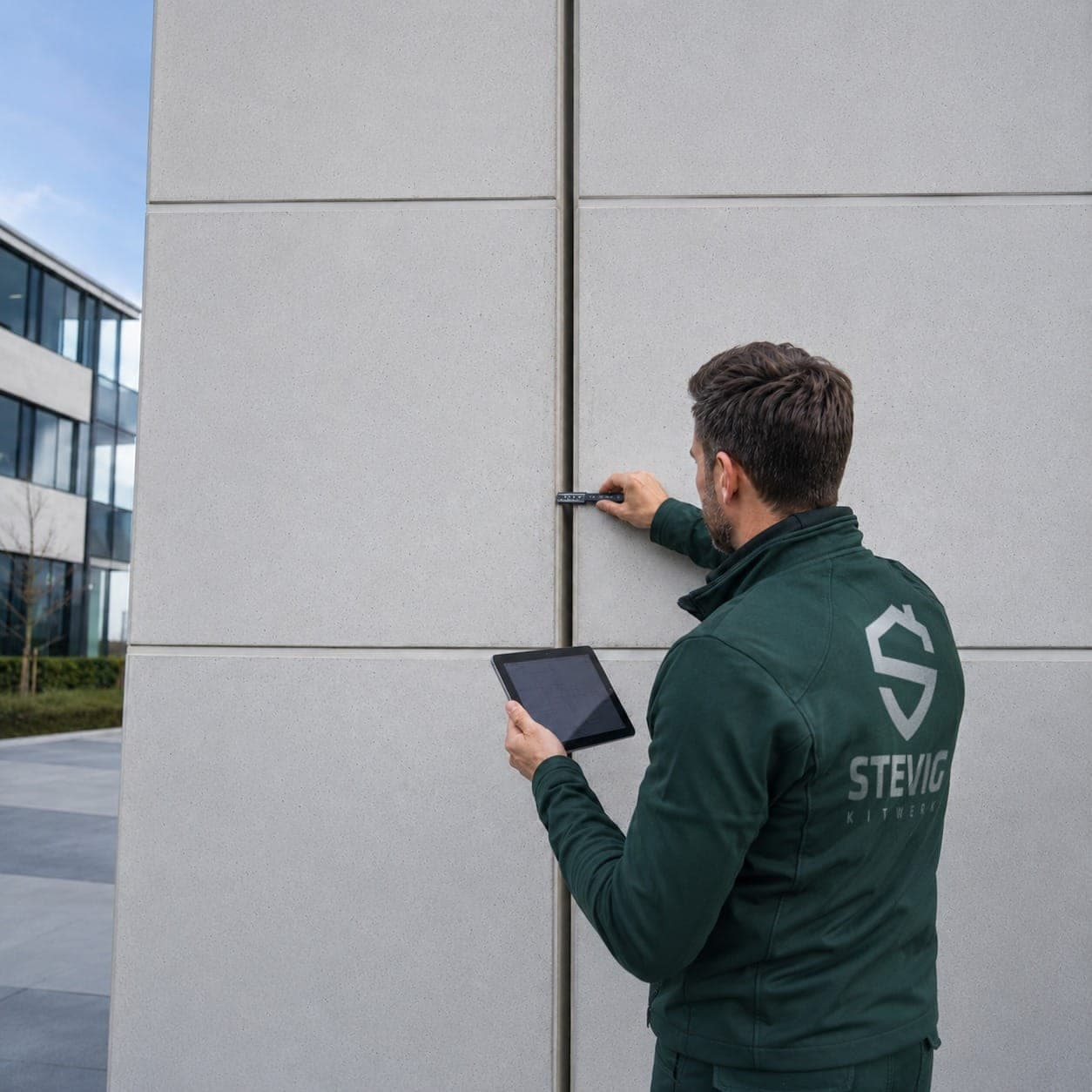 Man in een donkergroene jas met het logo van Stevig Kitwerk op de rug houdt een meetlatje tegen de voeg tussen twee betonnen gevelplaten en heeft een tablet in zijn andere hand. Links op de achtergrond een kantoorgebouw met een glazen gevel.